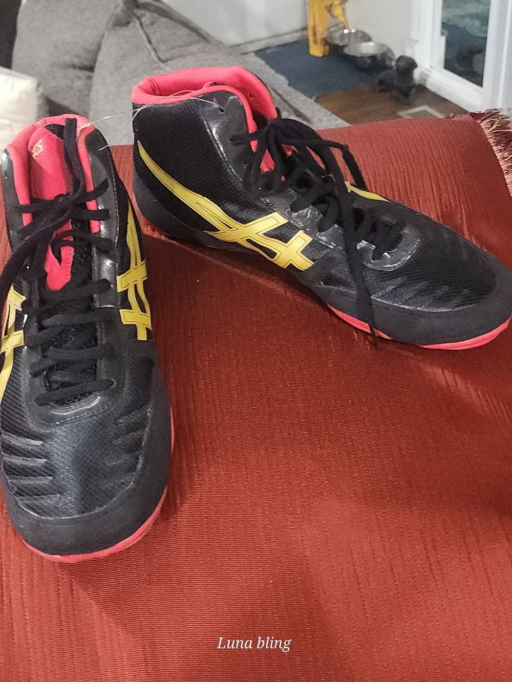 ASICS Men’s Black & Red Athletic Shoes with Gold Logo